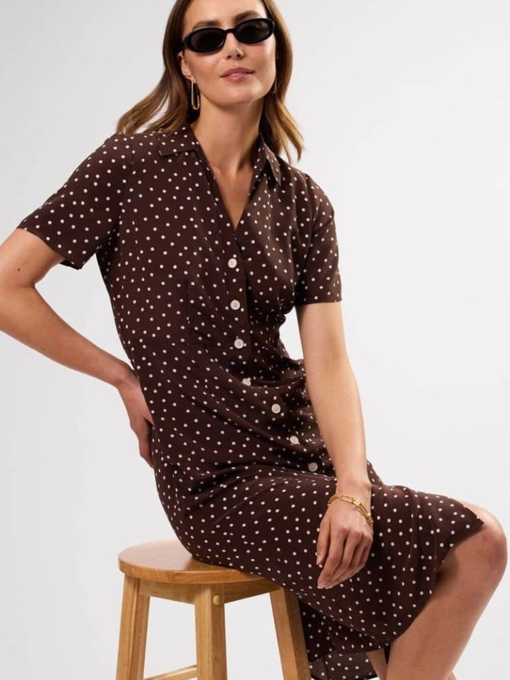 Amour Vert Lou Washable Silk Shirt Dress - Riviera Dot Espresso, Size S